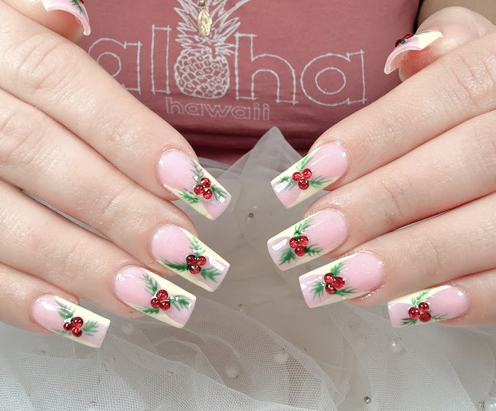 Holly Jolly French — Holiday French tips with holly accents