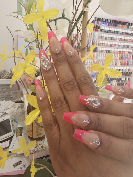 Pink Glam — Hot pink French tips with rhinestones and crystals